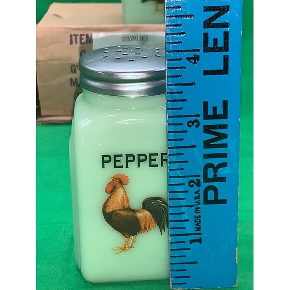 Vintage Jade Glass Salt & Pepper Shakers Rooster Graphics Metal Lids - Picture 2 of 7